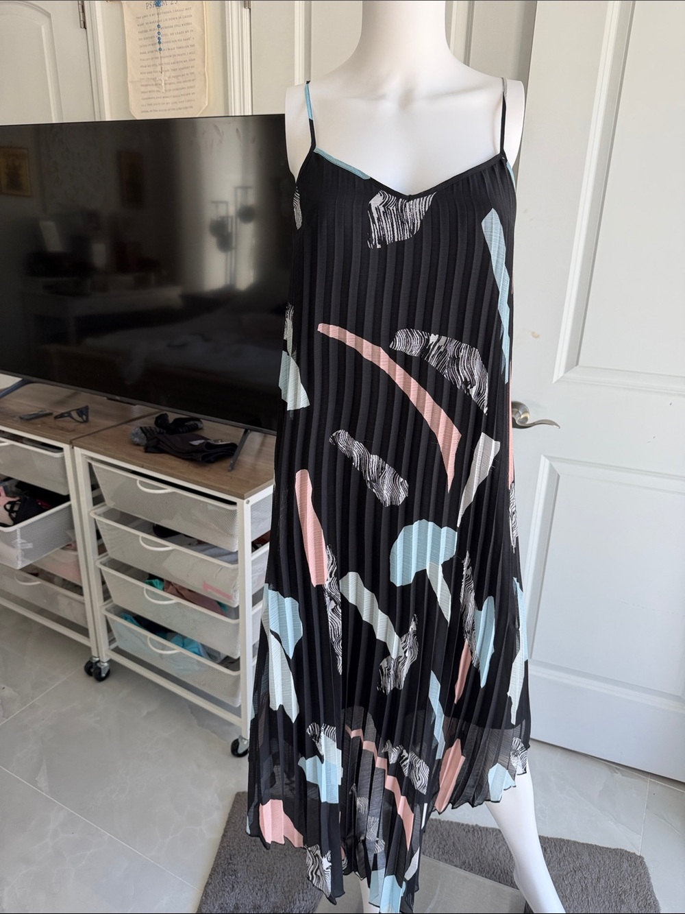 Pleated adjustable Spaghetti Strap Dress in Black with Pastel Print
